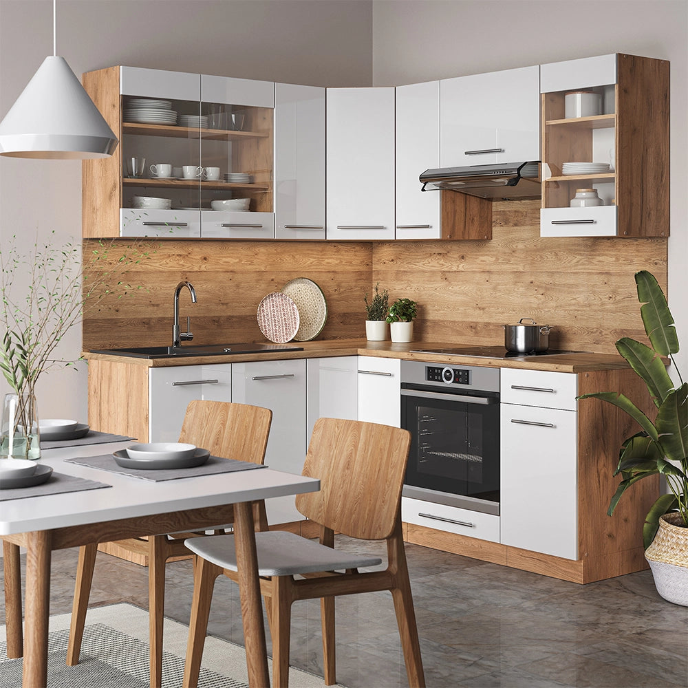 Vicco Cucina angolare completa Bianco lucido/oro power oak 160 x 190 cm , PL Rovere