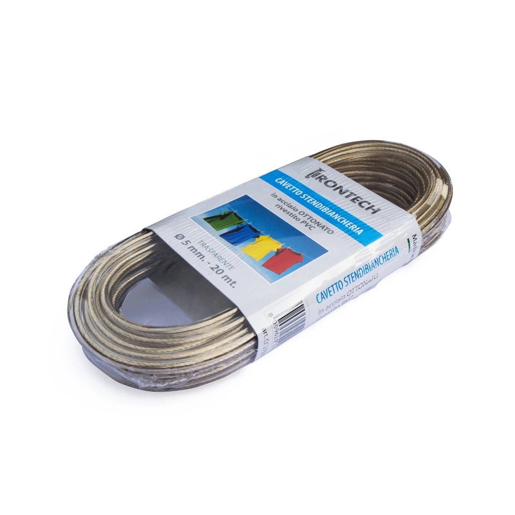 Cavo stendibiancheria Ã˜ 5 mm. in acciaio ottonato rivestito PVC trasparente 20 mt.