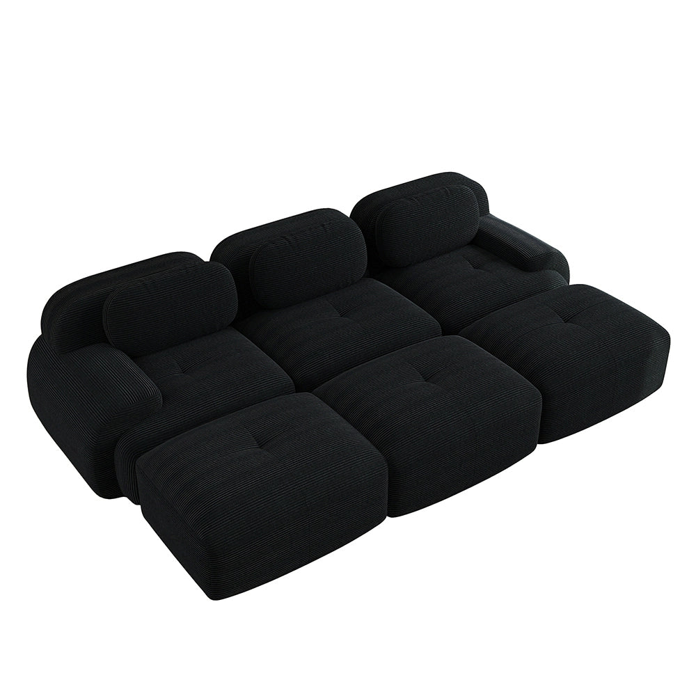Set divano 3 posti + 3 pouf - Xylo - Velluto costato, braccioli XL, imbottitura 32D, nero
