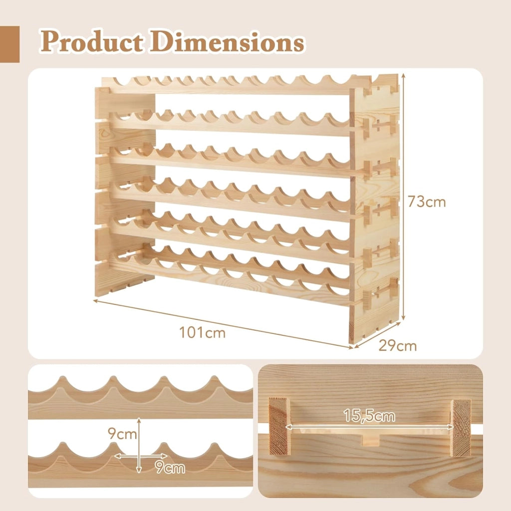 Portabottiglie in legno di pino per 60 bottiglie, scaffale indipendente a 6 livelli, 101 x 29 x 73 cm, portabottiglie impilabile, per cantina, bar, sala da pranzo, naturale