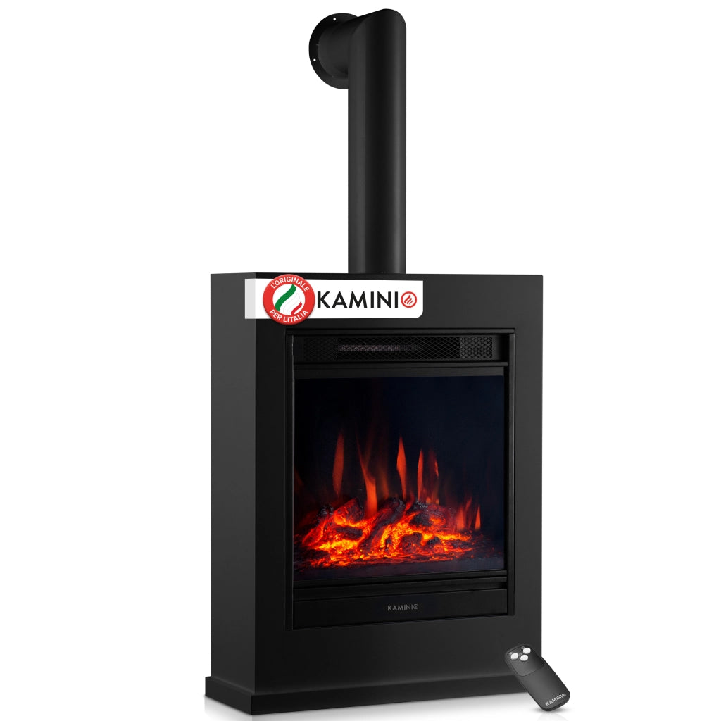 KAMINIO Camino elettrico KALLE con tubo del camino - Caminetto elettrico a pavimento con riscaldamento, effetto fiamma 3D, telecomando - Nero