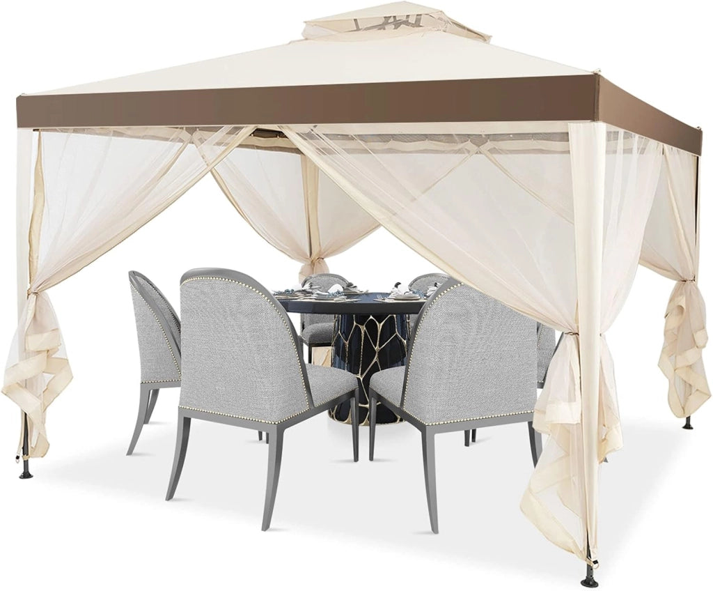3 x 3M Gazebo da Giardino, con Tetto e Tende di Struttura in Acciaio, 4 Tende Laterali, Ventilazione e Zanzariere, Traspirante e Comodo per Parco/Giardino/Balcone, 2 Colori (beige)