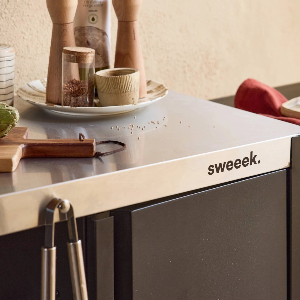 Carrello da cucina da esterno in acciaio con tavolino pieghevole,