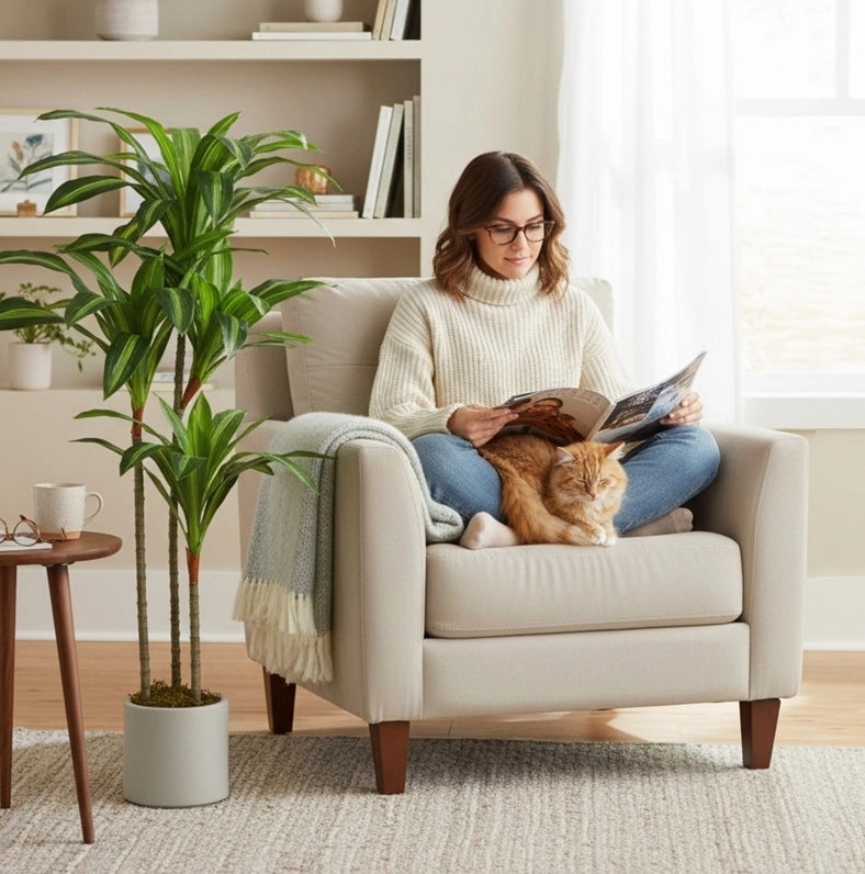 Albero artificiale Dracaena 120 cm con rami flessibili e vaso bianco per casa e ufficio