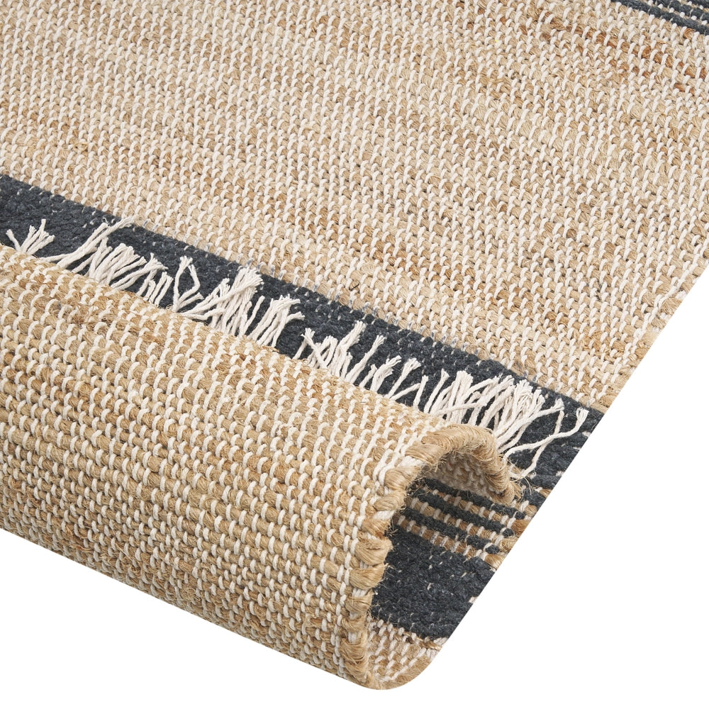 Tappeto in iuta beige e grigio con motivo a righe e nappe 160 x 230 cm soggiorno camera da letto stile boho