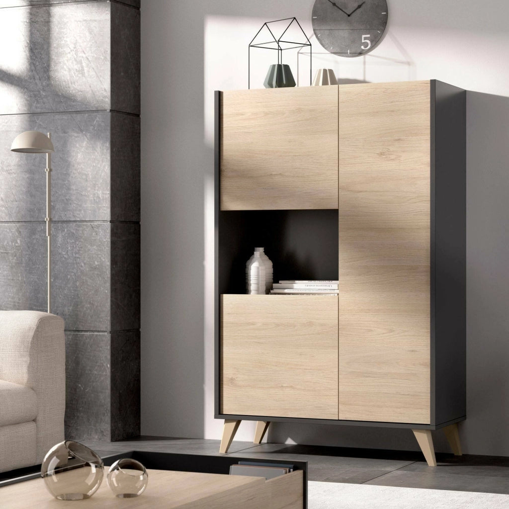 Credenza Crono, Buffet alto da soggiorno, Madia moderna da salotto a 3 ante, 81x43h135 cm, Rovere e Antracite