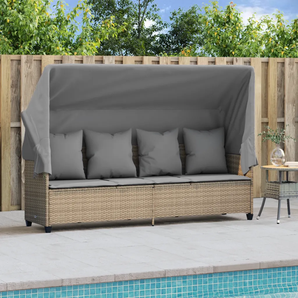 Lettino Prendisole con Baldacchino e Cuscini Beige Polyrattan 368356