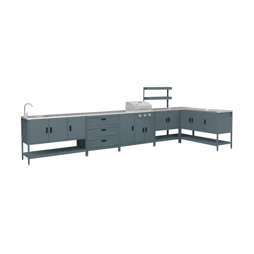 Cucina esterna 5 moduli con barbecue a gas 3 bruciatori, blu grigio