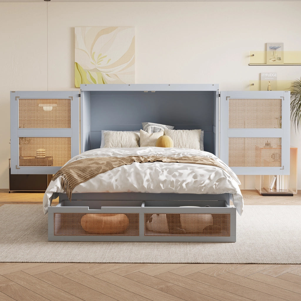 LETTO a scomparsa 140x200 cm in legno grigio con design rattan e cassetti