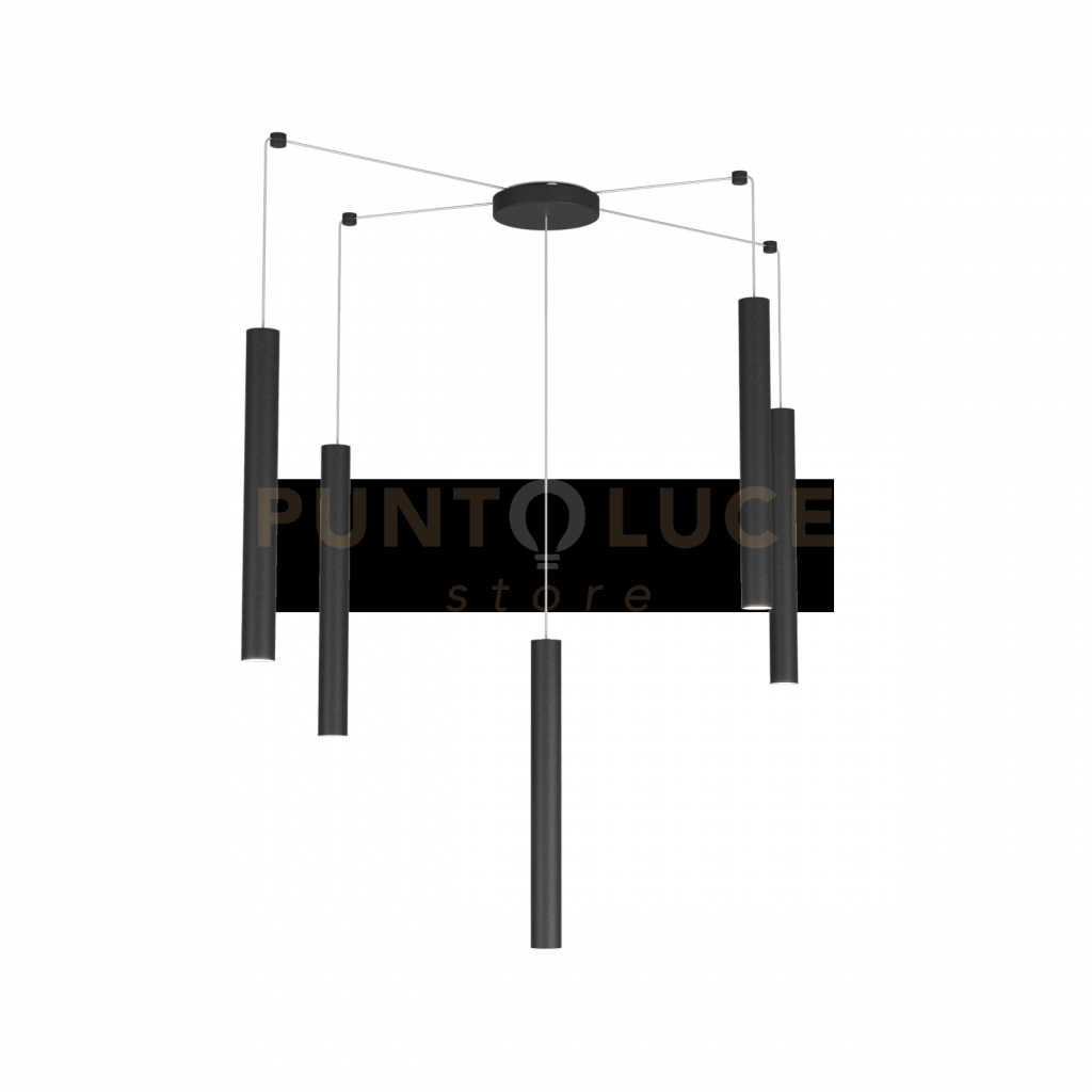ROUND TUBE SOSPENSIONE 5 LUCI NERO CAVO CM.250 CON BASE 1174-S5-NE