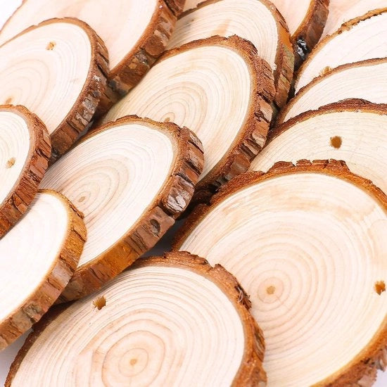 Kit di legno naturale 25 pezzi dischi di legno 8-9 cm con corteccia kit artigianale di legno non finito preforato con buchi cerchi di legno ideali per l'arte e il fai da te decorazioni natalizie matrimoni DIY