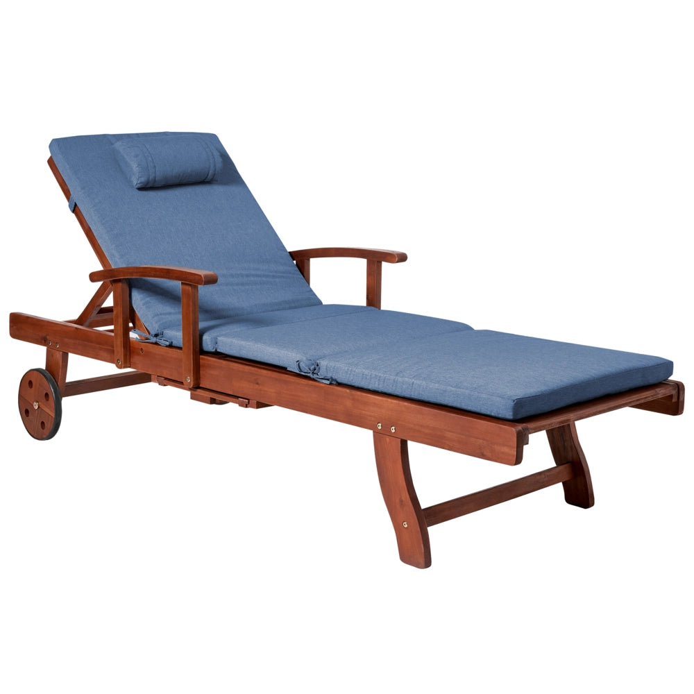 Lettino prendisole reclinabile, marrone scuro e blu struttura in legno di acacia con ruote cuscino in tessuto resistente ai raggi UV e all'acqua