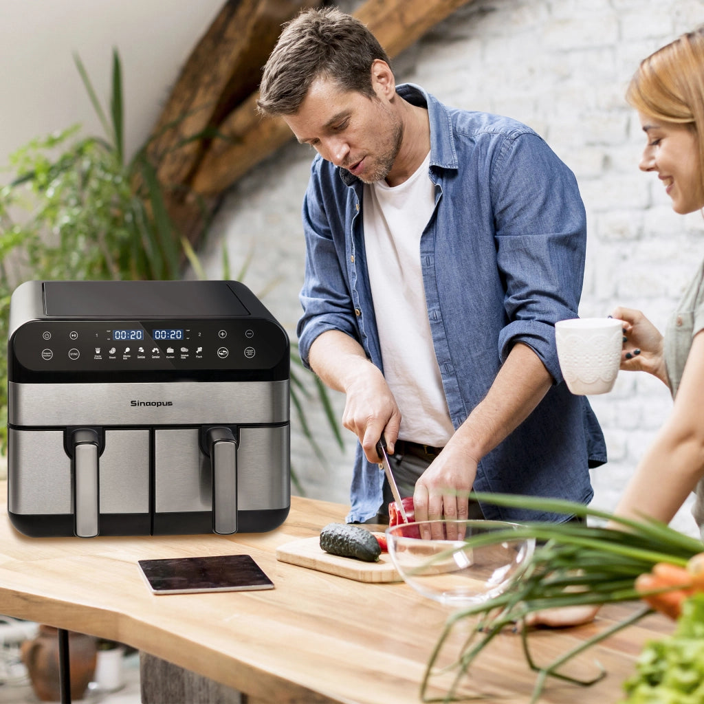 Friggitrice ad aria XXL da 10 litri con doppia zona, ideale per famiglie, con display touchscreen a LED, tempo e temperatura regolabili e 8 funzioni d
