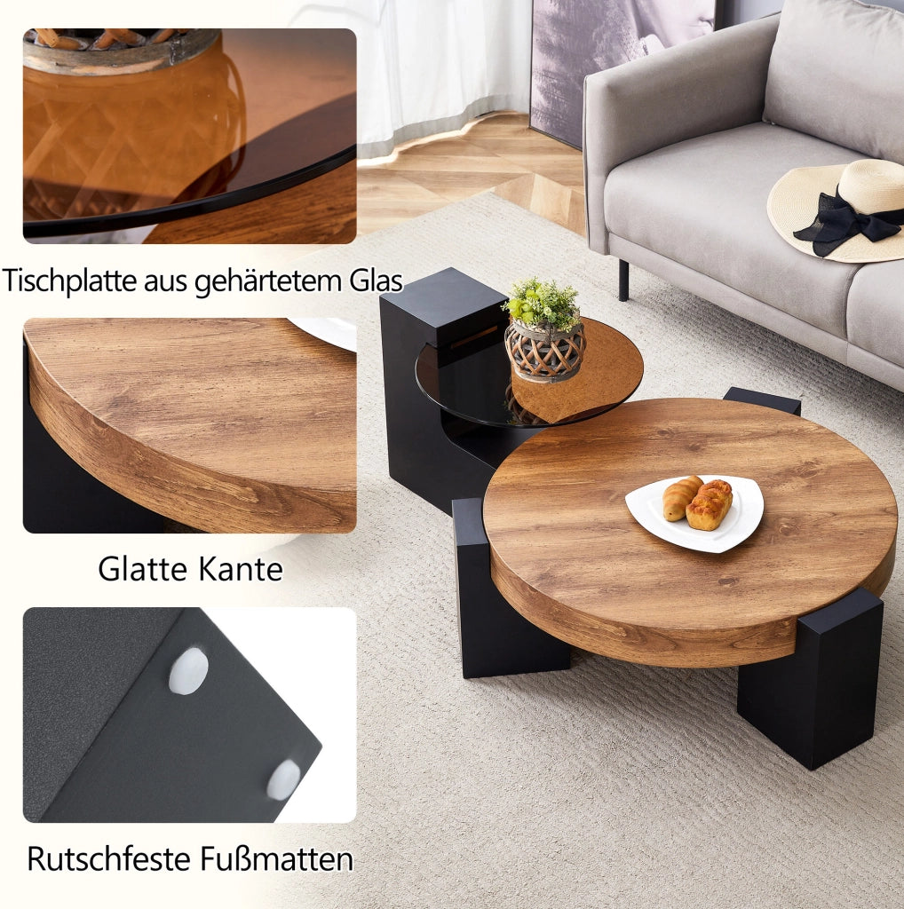 Set 2 tavolini rotondi in MDF e vetro, nero effetto legno