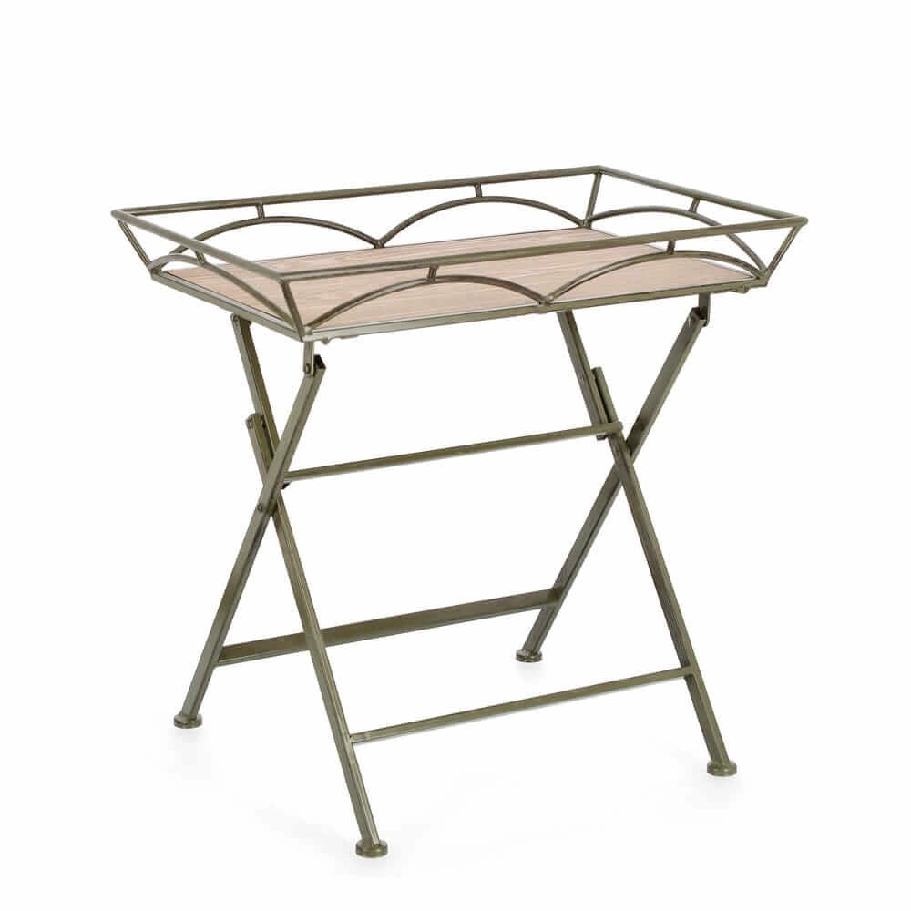 Set di 2 tavolini pieghevoli in metallo bianco e MDF effetto legno - NAO