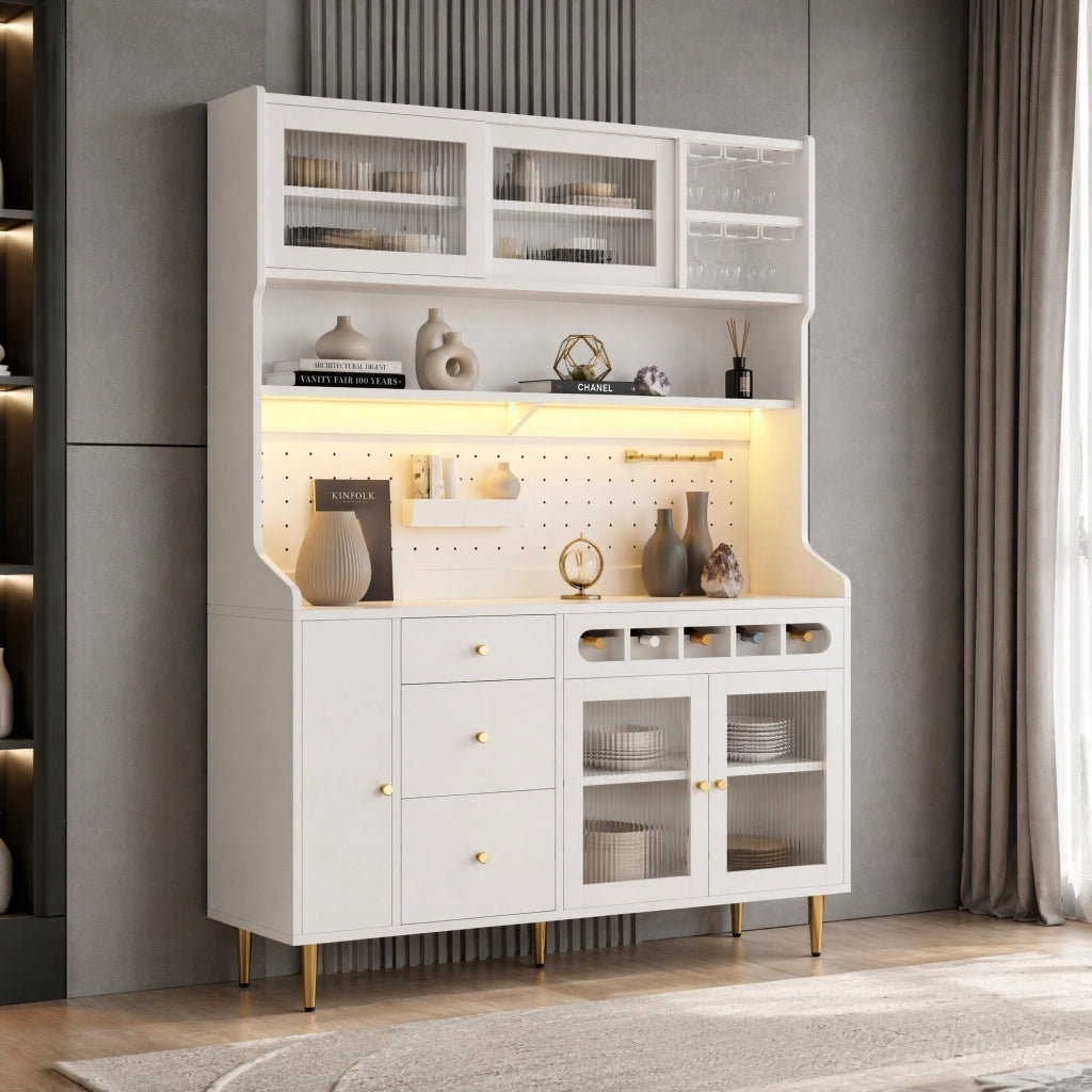 ARMADIO ALTO 145x39x171 cm Bianco in vetro e MDF con LED