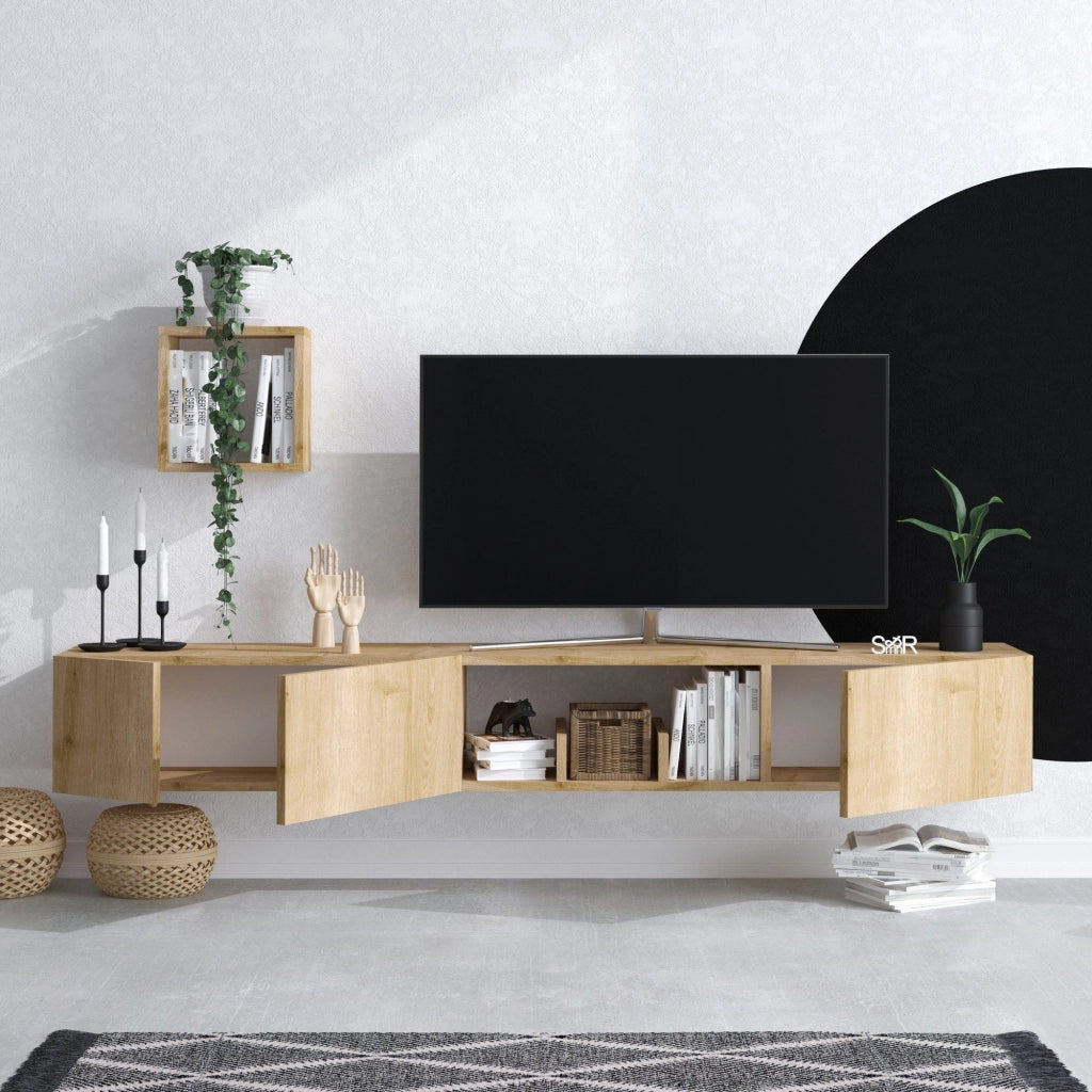 Porta TV in legno "Avior" con mensola a muro - 180 x 32 x 25 cm - Beige