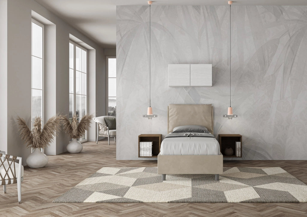 BS COM Letto singolo con rete imbottito 80x190 microfibra sabbia