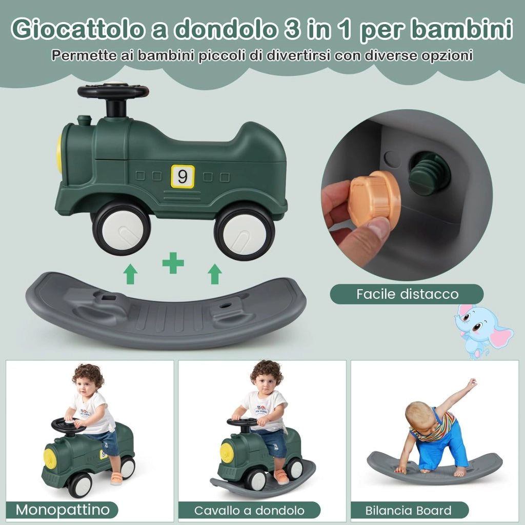 3 in 1 Cavallo a Dondolo per Bambini, con Macchinina Scivolante e Tavola Equilibrio Staccabile, Gioco a Dondolo Stile Treno per Bambini 18-72 Mesi (Stile 2 Verde)