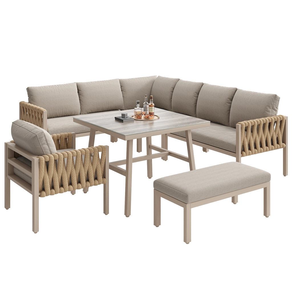 Set mobili giardino: corda intrecciata + Divanooo angolare; ferro zincato; tavolo vetro; cuscini inclusi; beige