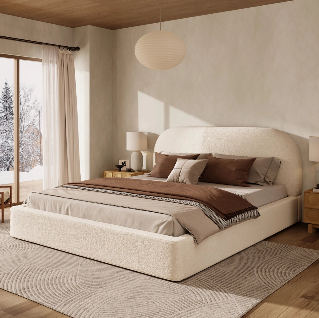 Letto imbottito in bouclé beige con rete a doghe