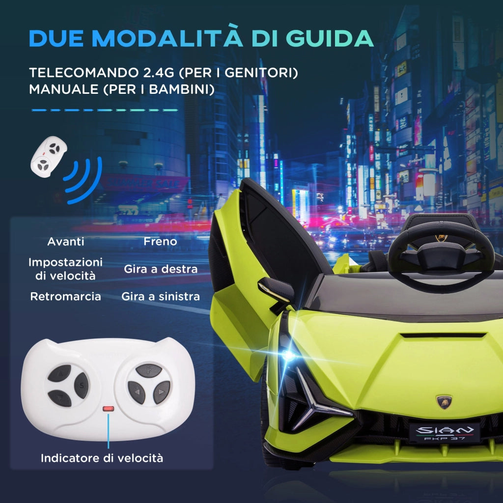 EasyComfort Lamborghini Macchina Elettrica per Bambini 12V con Fari e Musica, Telecomando e Velocità 3-5km/h, Età 3-5 Anni, 108x62x40cm, Verde