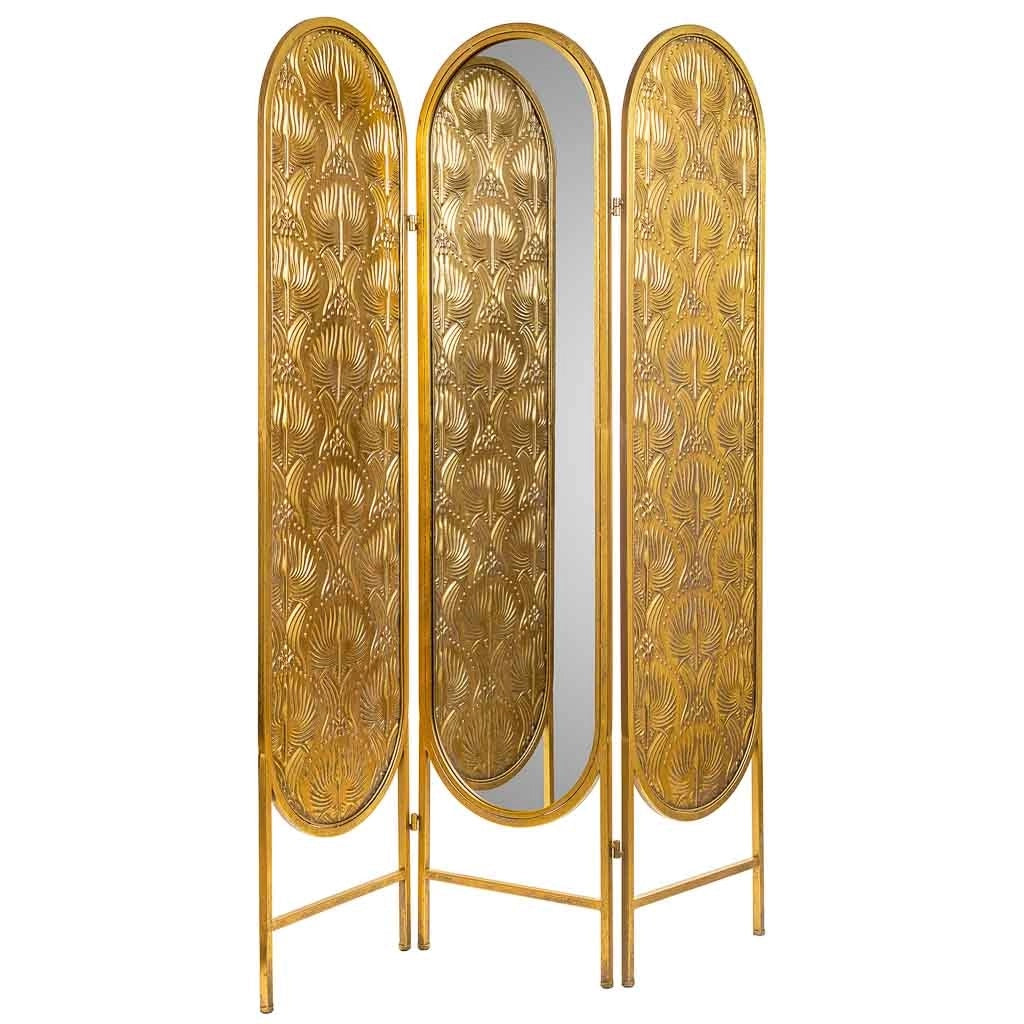 Paravento a 3 foglie in metallo con specchio centrale dorato 121x3x165,5h