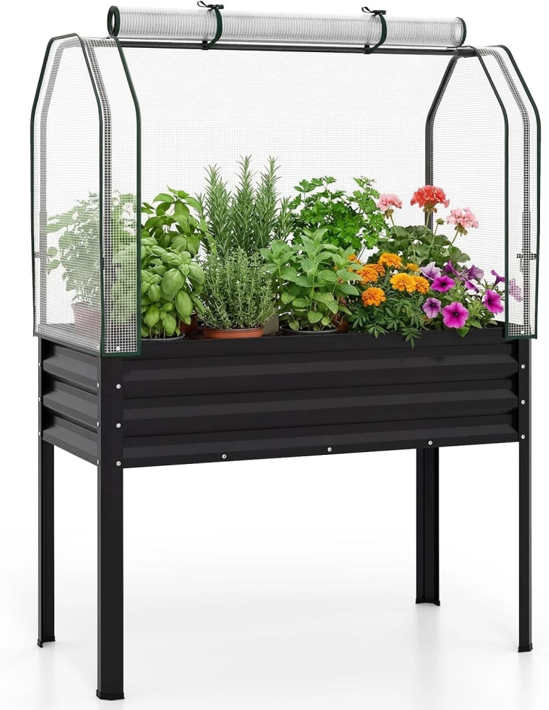 Orto Rialzato da Esterno con Serra, Fioriera Rialzata con Copertura in PE, Porta Avvolgibile con Cerniera e Guanti, Aiuola Rialzata per Verdure, Fiori e Frutta, 112 x 55 x 152 cm (Grigio)