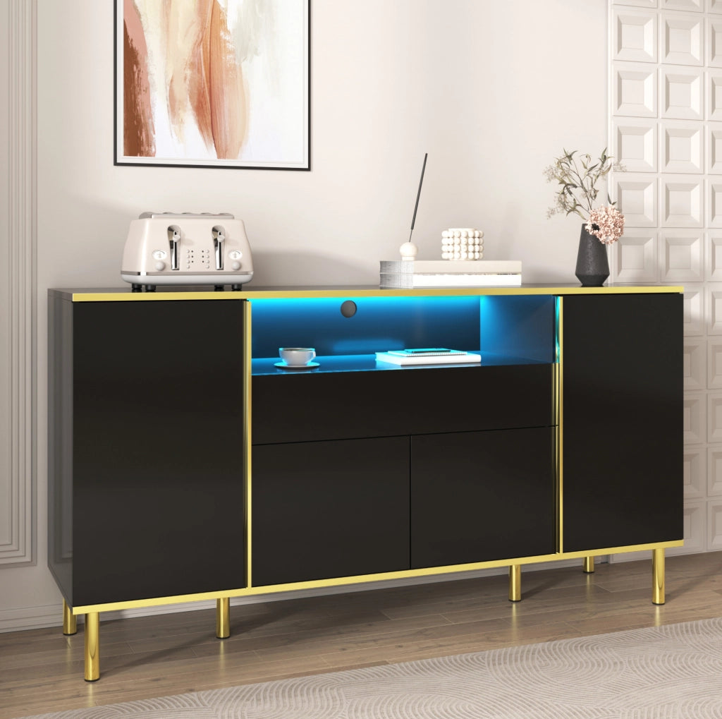 credenza 150x40x80 cm nera – contenitore LED con 4 ante