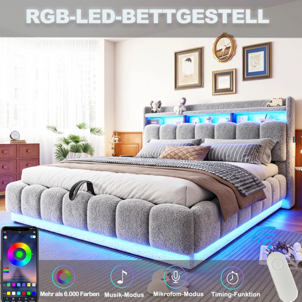 Letto imbottito 180x200 cm con LED, USB e vano idraulico