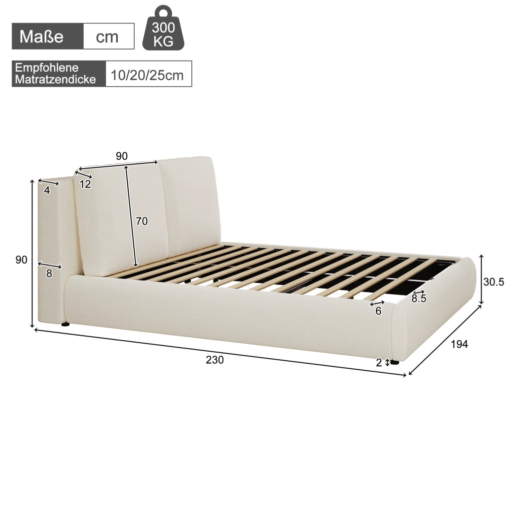 Letto matrimoniale imbottito 180x200 cm con contenitore; rete a doghe e testiera in bouclé beige