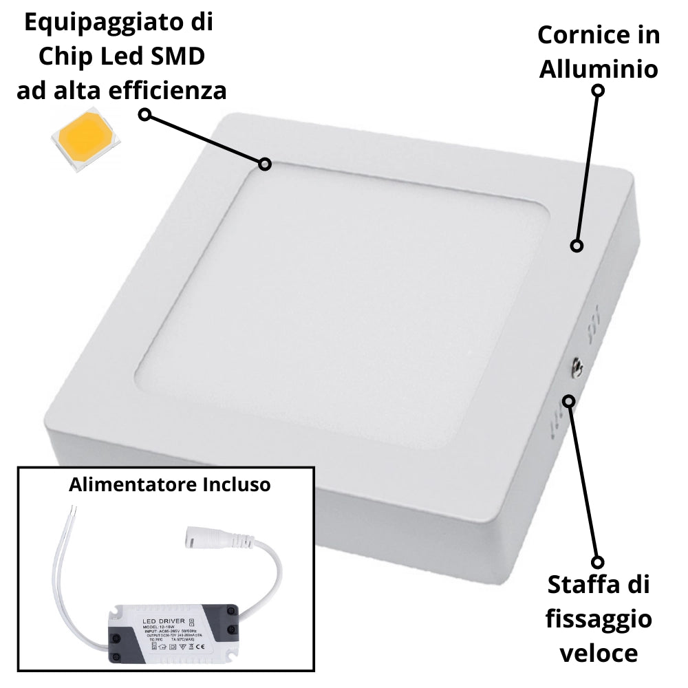 Plafoniera led soffitto 12watt slim quadra alimentatore incluso *** temperatura colore lampada 4500k bianco naturale,...