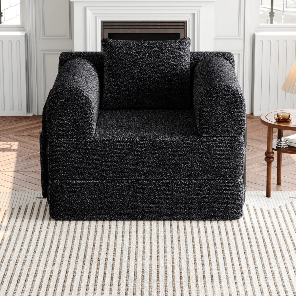 Divano letto 2 in 1 con vano portaoggetti nel bracciolo; struttura in acciaio; chenille nero