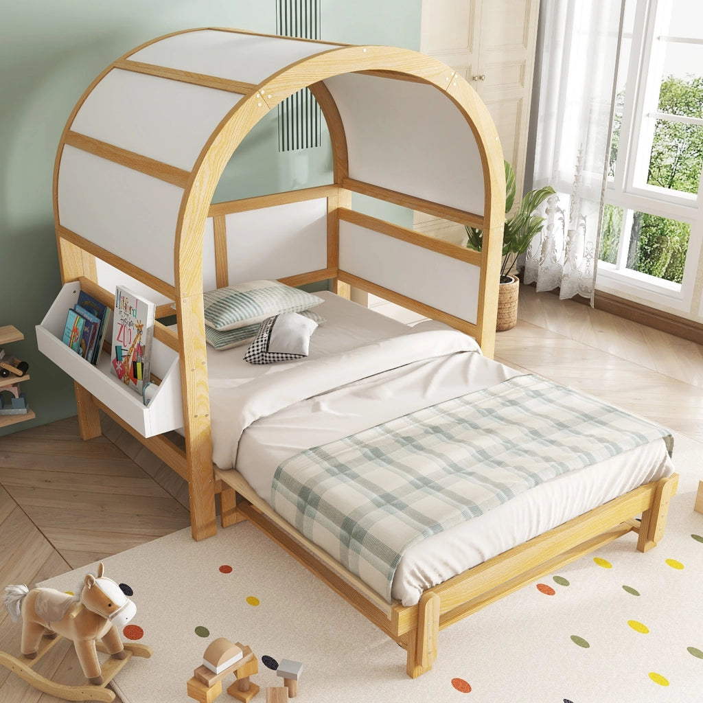 Letto Casetta 140x200 cm; Letto Singolo - Estraibile e Mensola Laterale - in Legno - Bianco e Naturale