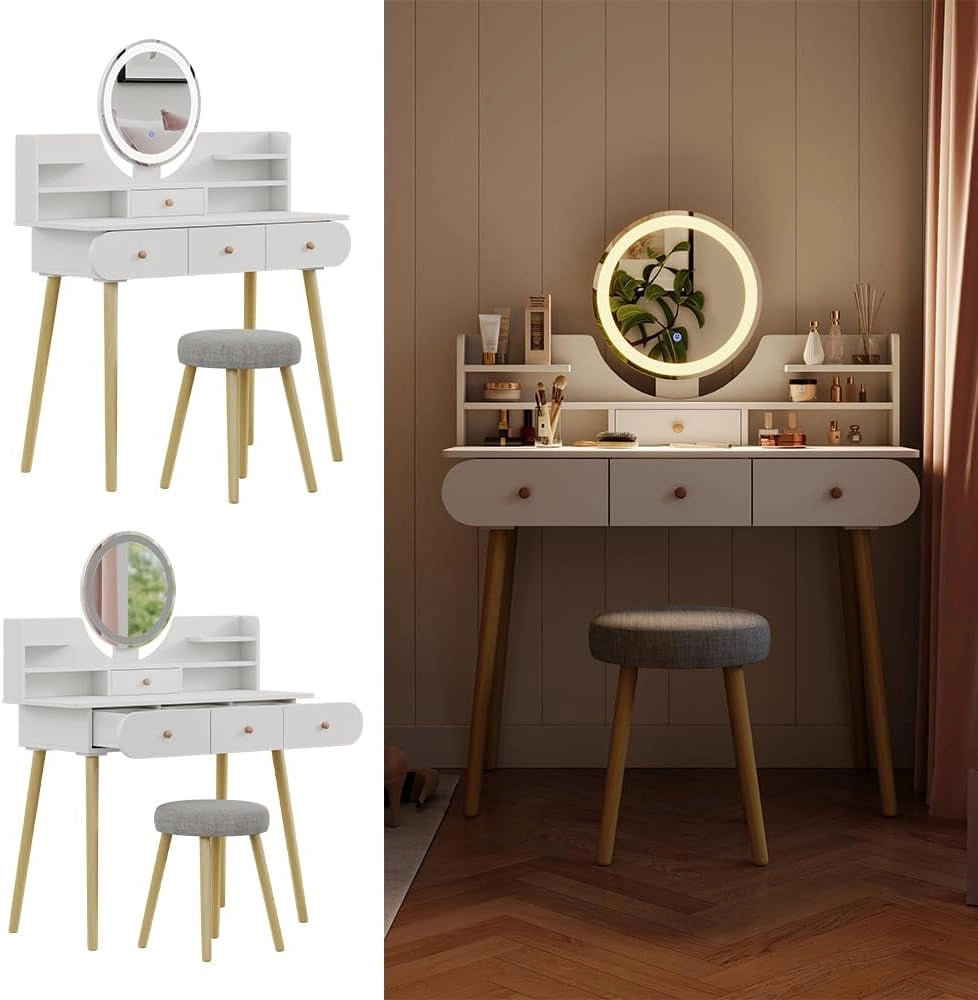Tavolo da toilette Edda, Bianco, 100 cm con specchio LED e sgabello, con specchio LED rotondo e sgabello coordinato