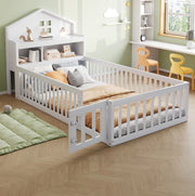 Letto per bambini a casetta 90x200 cm in legno massello bianco con contenitori; lavagna e rete a doghe