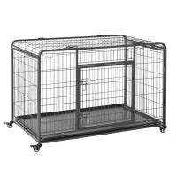 Kennel Gabbia per Cani Pieghevole a Doppia Porta con Blocco, Box per Cani con 4 Ruote con Freno e Fondo Rimovibile, 125x76x81cm, Grigio Scuro