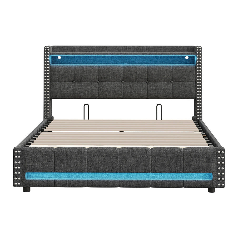 Letto imbottito 160x200 cm - Xylo - Grigio - Luci LED, 4 cassetti, presa USB