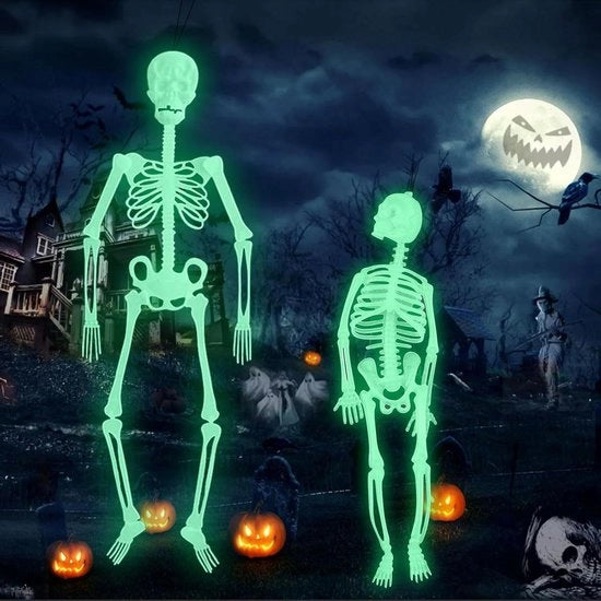 Decorazione per Halloween con scheletto fluorescente e articolazioni mobili. Decorazione luminosa per Halloween.