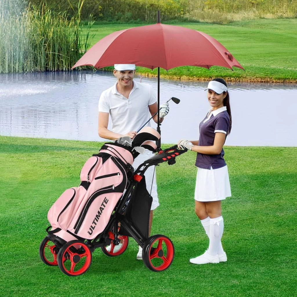 Carrello da golf a spinta e a trazione con borsa impermeabile e freno a pedale, Carrello pieghevole a 4 ruote Rosso