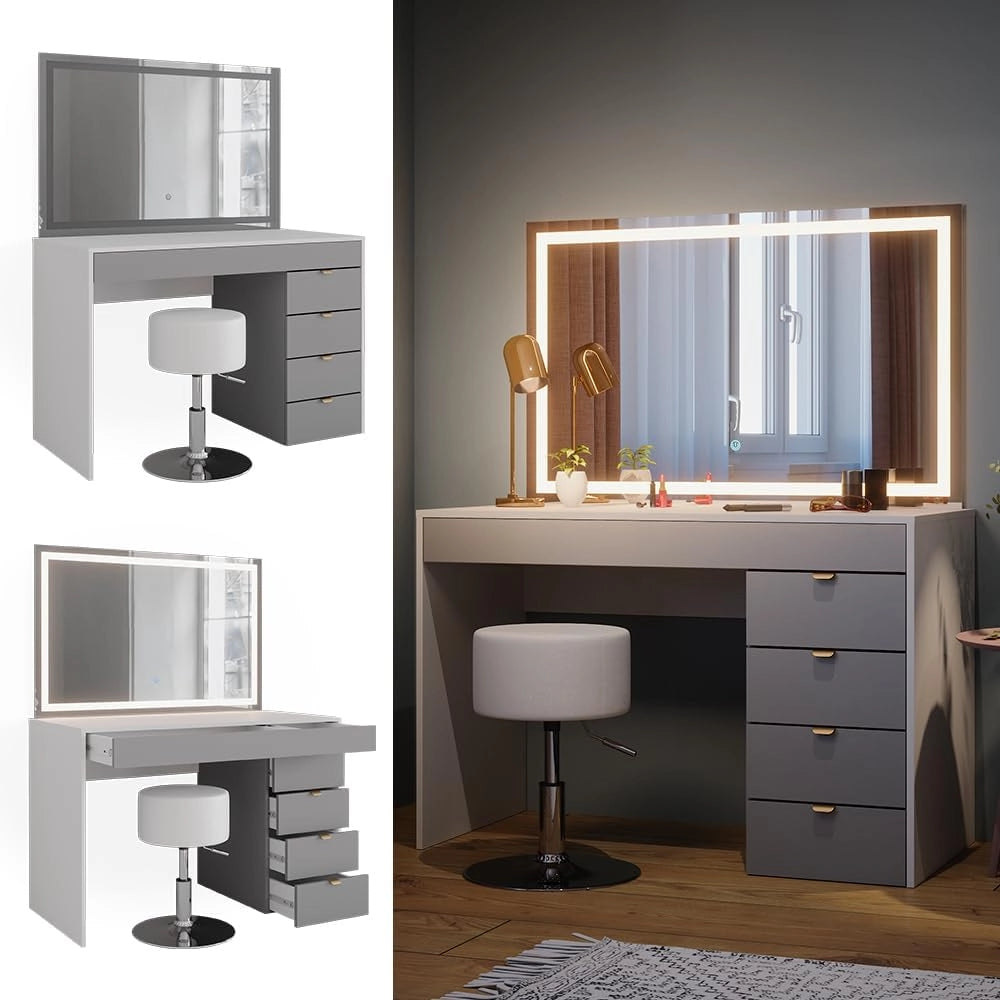Tavolo da toeletta Elise, Bianco/grigio/grigio, 115 cm con specchio LED e sgabello, con illuminazione LED e seduta girevole regolabile in altezza