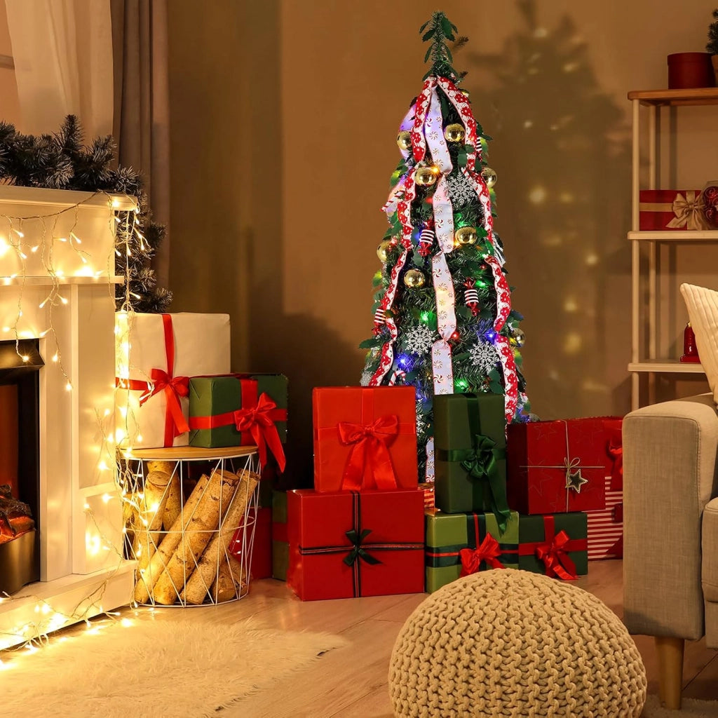 150cm Albero di Natale Pop Up, Albero di Natale Artificiale con 120PCS Luci LED, 11 Modalità di Illuminazione, Albero di natale Pieghevole, Salvaspazio, con Palline di Natale, Nastri