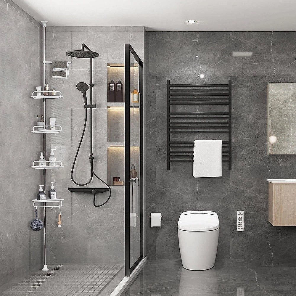 Trade Shop - Mensola Doccia Angolare Telescopico Bagno 4 Ripiani 1 Portasciugamani 95-305cm Bianco -