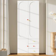 Armadio per bambini, 3 cassetti, maniglie in ceramica colorata, finitura effetto legno, bianco