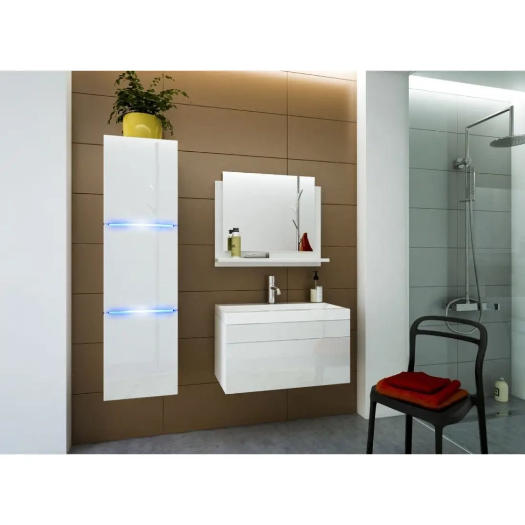 Set di mobili da bagno bianchi della collezione RAVEN. Colonna, mobile sottolavabo, lavabo 80cm.