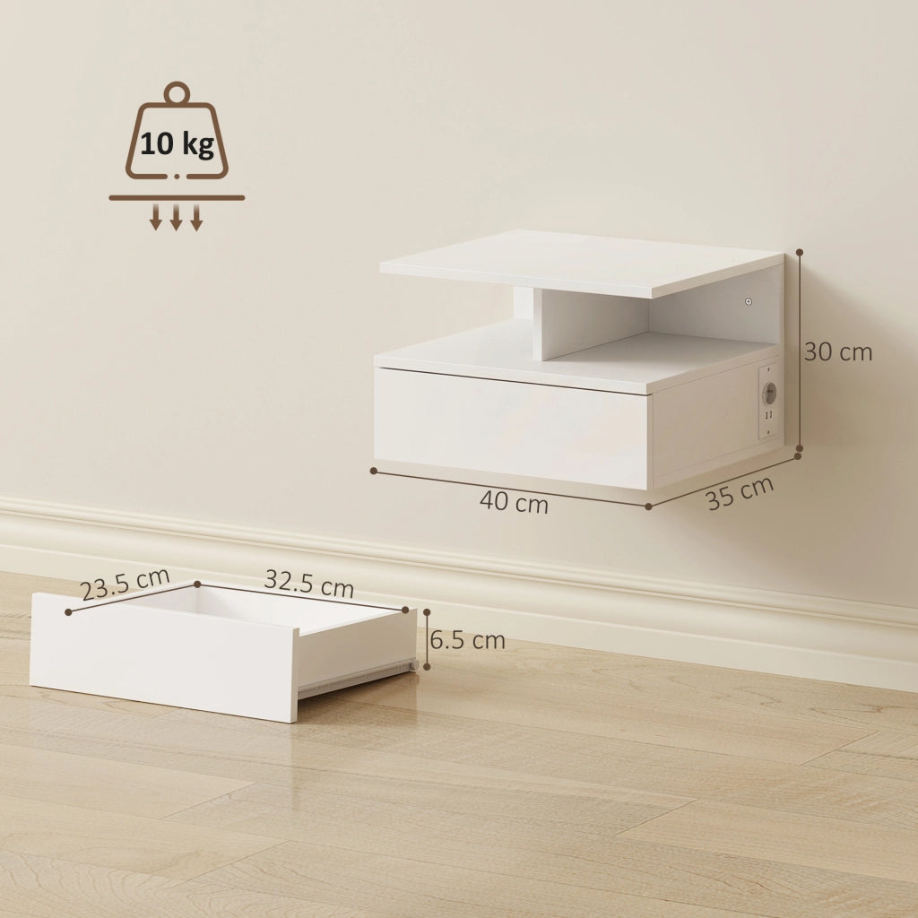 Set di 2 Comodini Sospesi Camera da Letto con Ricarica USB e Type-C, 40x35x30 cm, Bianco