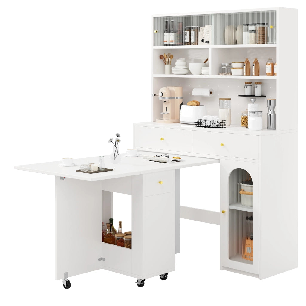 Set Mobile Cucina con Tavolo Pieghevole e Bartisch su Ruote ¨C Xylo ¨C Bianco