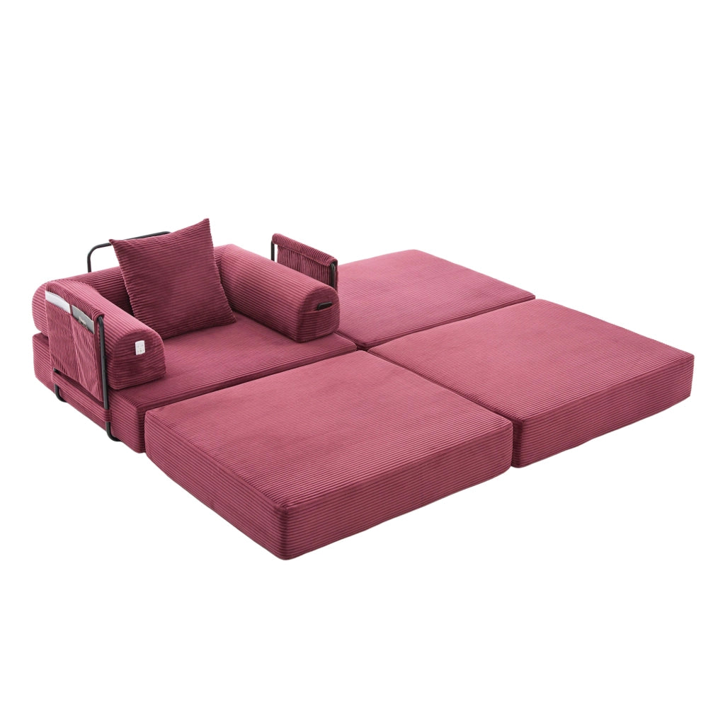 Divano modulare in velluto a coste bordeaux 112x190x67 cm con pouf; cuscino e tasca laterale