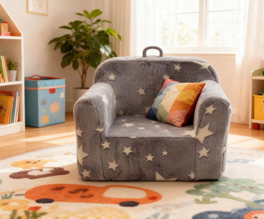 poltroncina bimbi 64x49x49 cm grigio stelle con maniglia e tasca