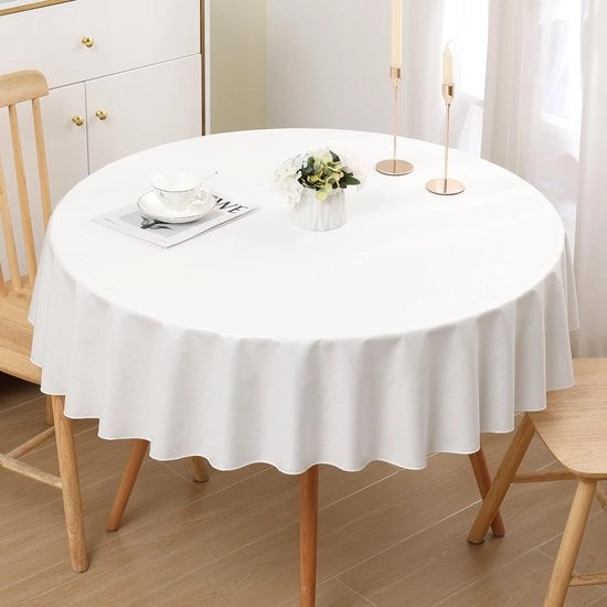 Tavolo con Copertura in Lino Loto Effetto, Resistente all'Acqua, 120cm di Diametro, Bianco